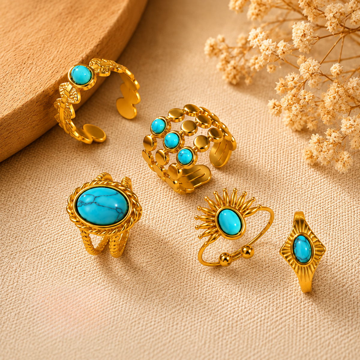 PACK 5 Anillos Turquesa Ajustables